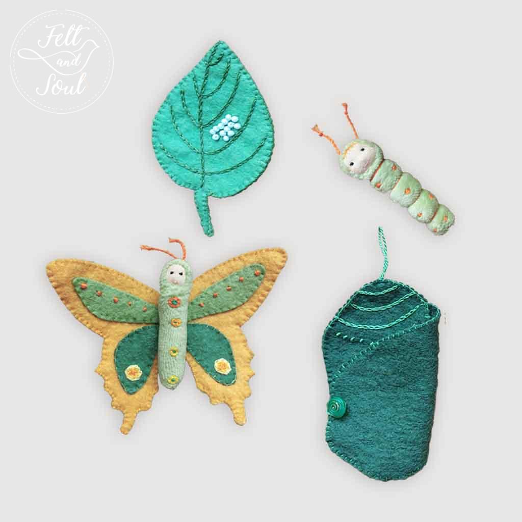 Felt and Soul gyapjúfilc pillangó hernyó, báb, levél